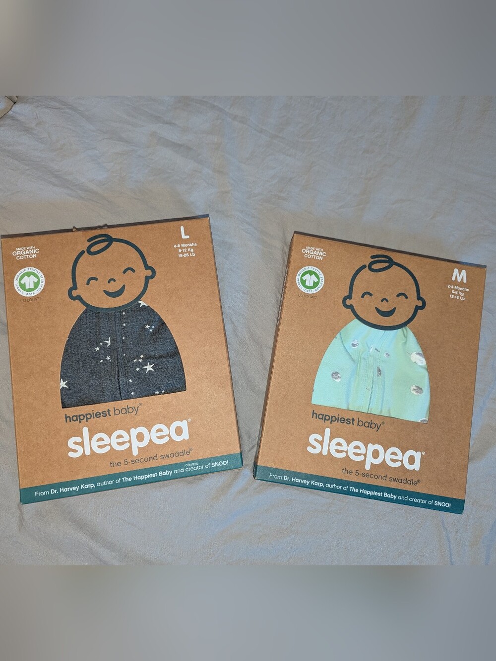 2-Pack Happiest Baby Sleepea Zip Swaddles, Size L and Size M